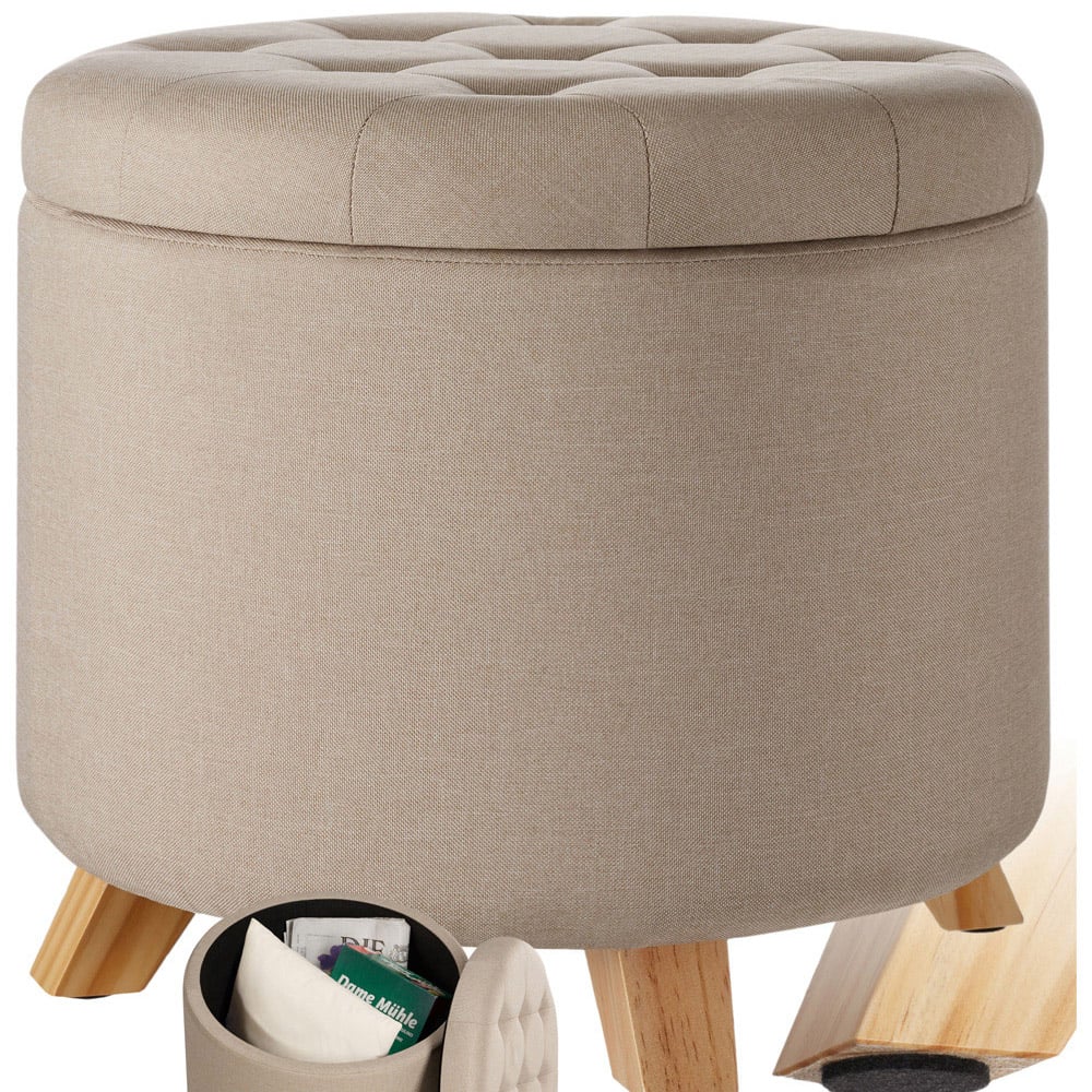 tectake Suna Sand Linen Look Padded Round Stool with Storage Image 2