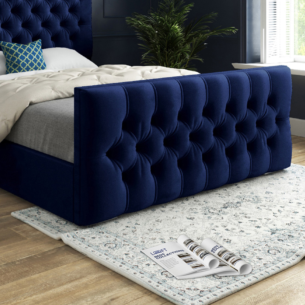 Novara Blue Double Velvet Upholstered Bed Frame with Pleated Chesterfield Headboard Image 4