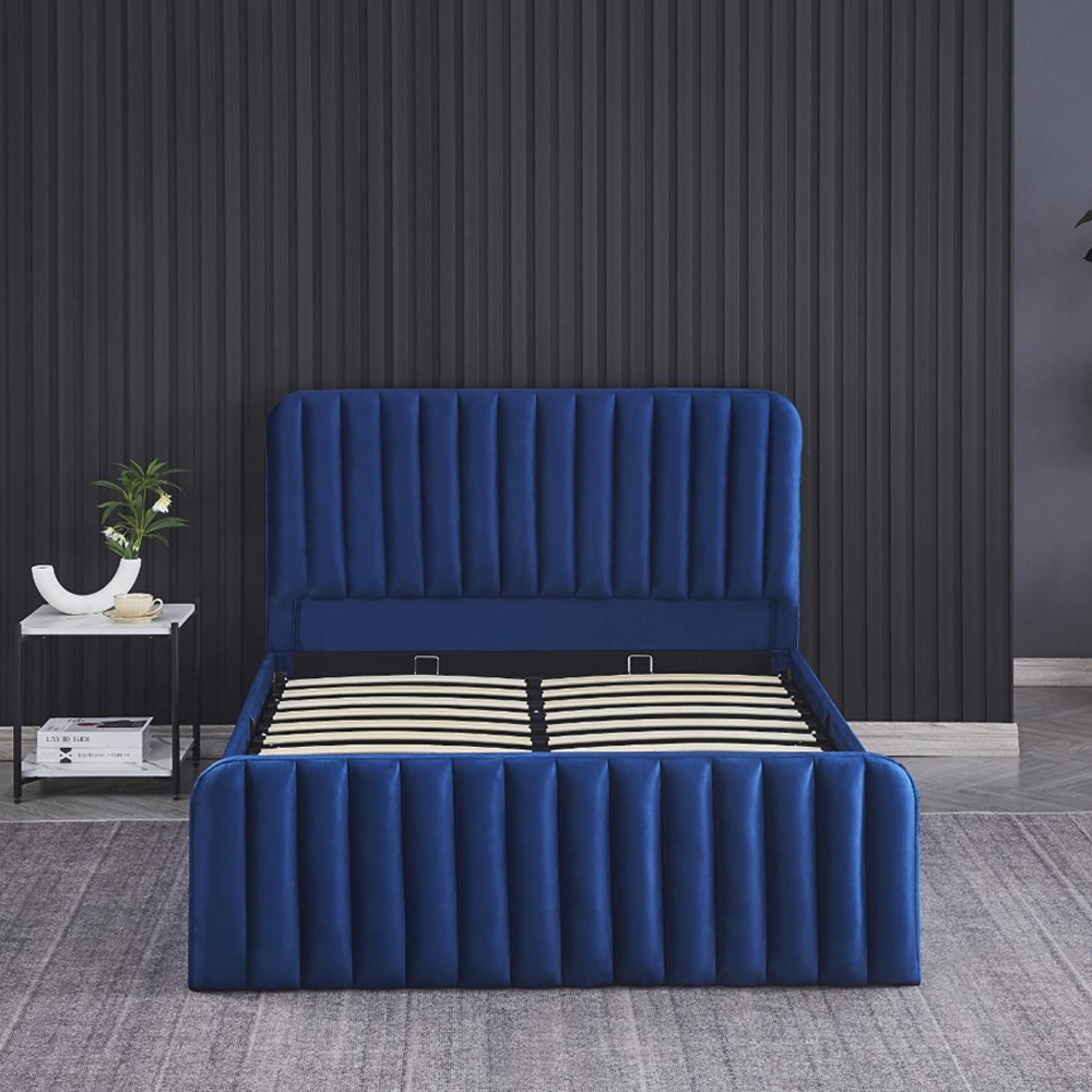 Portland Wave Double Blue Velvet Ottoman Bed with Mattress Image 3