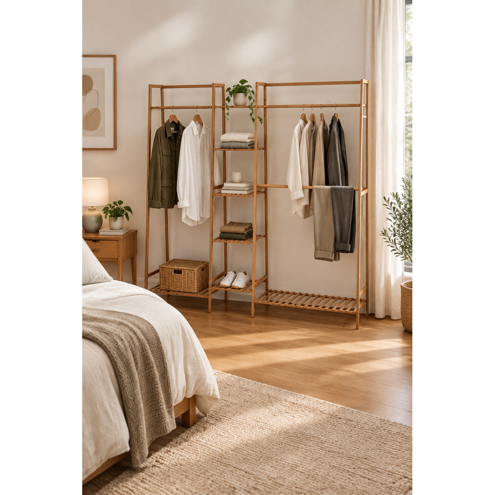 Modcraft 7 Shelf Natural Bamboo Garment Rack with Hanging Rods Image 3