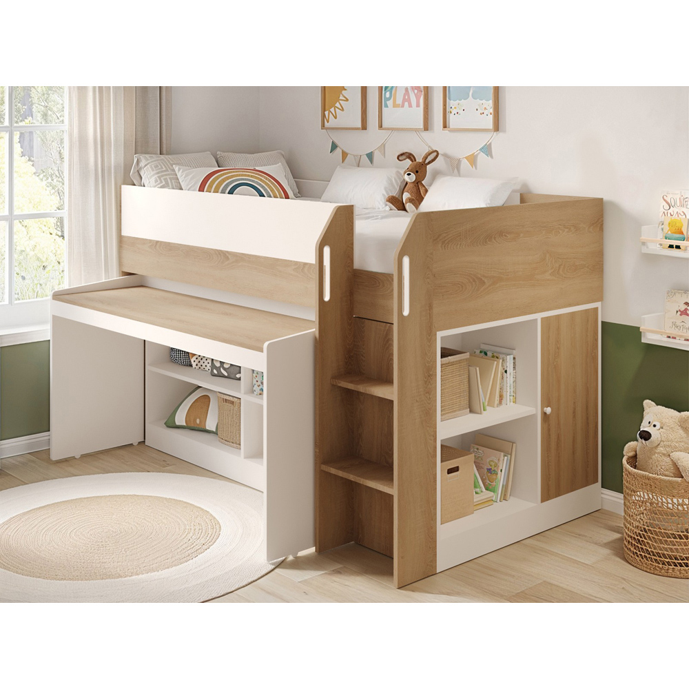 Flair Aiden White and Oak Kids Cabin Bed with Pull-Out Desk and Storage Image 6