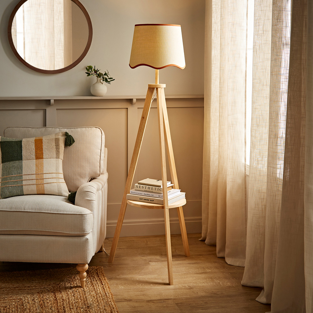 ValueLights Morrigan Natural Wood Shelf Rust Trim Scallop Shade Tripod Floor Lamp with Bulb Image 2