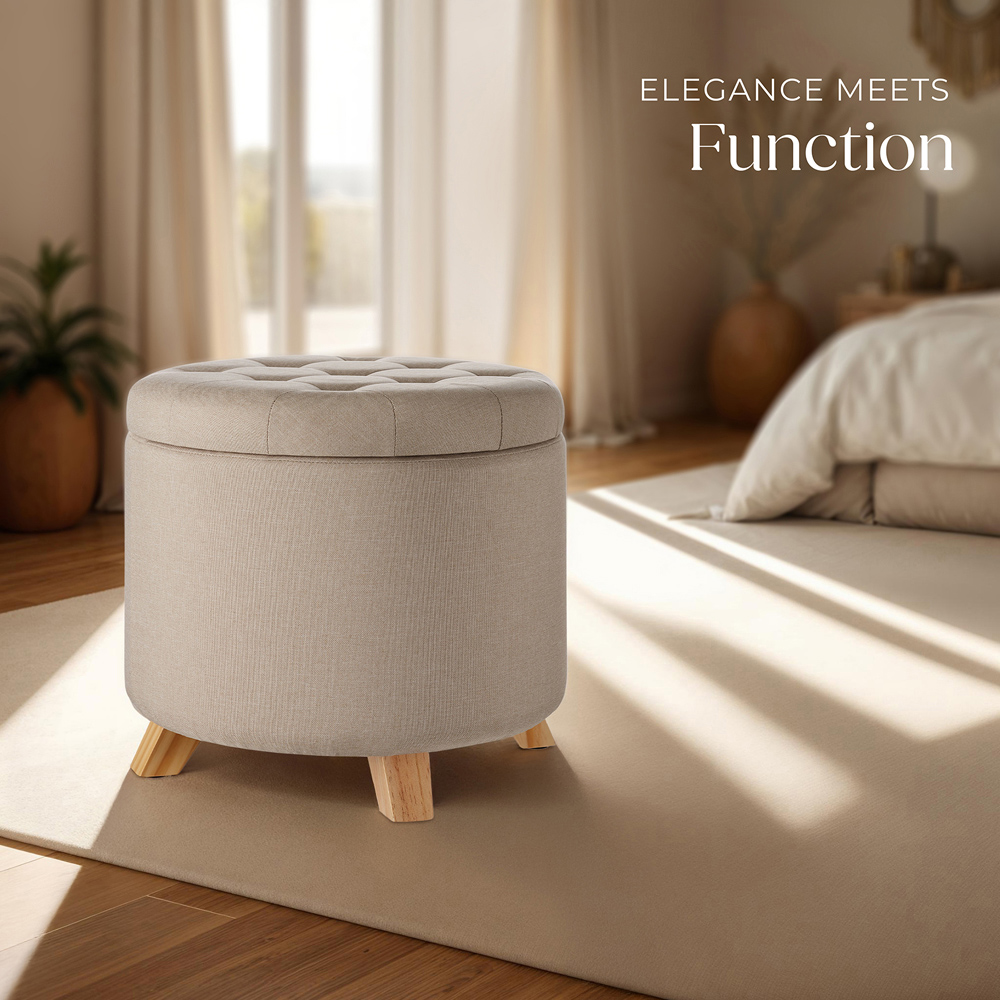 tectake Suna Sand Linen Look Padded Round Stool with Storage Image 8