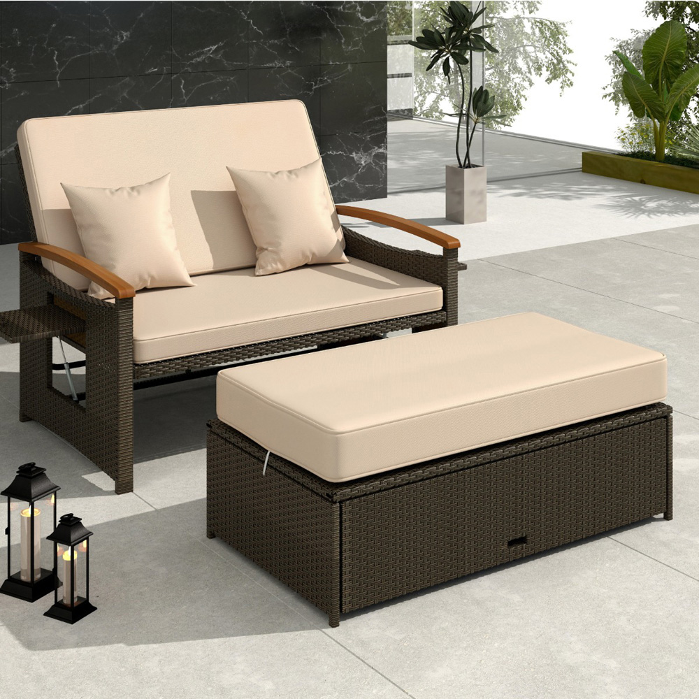 Costway 2 Seater Rattan Woven Daybed with Storage Ottoman Image 3