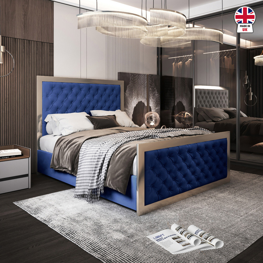 Maddison Blue Double Velvet Upholstered Metal Bed Frame with Padded Headboard Image 6