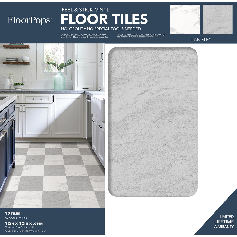 Floorpops Langley Grey ad White Peel and Stick Floor Tile 30.48 x 30.48cm 10 Pack Image 6