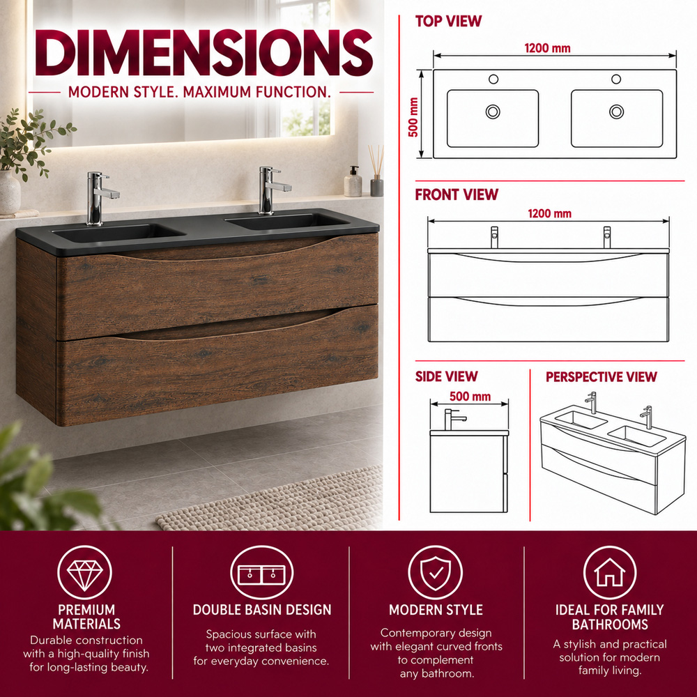 Go Bathrooms Erin 2 Drawer Rosewood and Grey Wall Hung Vanity Unit with Glass Basin 1200mm Image 7