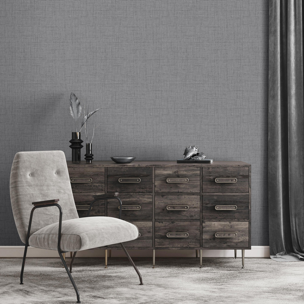 Fine Décor Denver Texture Fabric Effect Charcoal Wallpaper Image 2