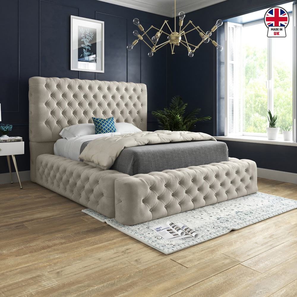 Grand Milan Silver Double Upholstered Bed Frame with Pleated Chesterfield Headboard Image 6