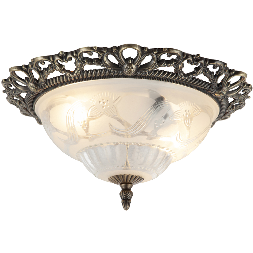 Happy Homewares Traditional and Classic Antique Brass Floral Glass Flush Ceiling Light Image 2