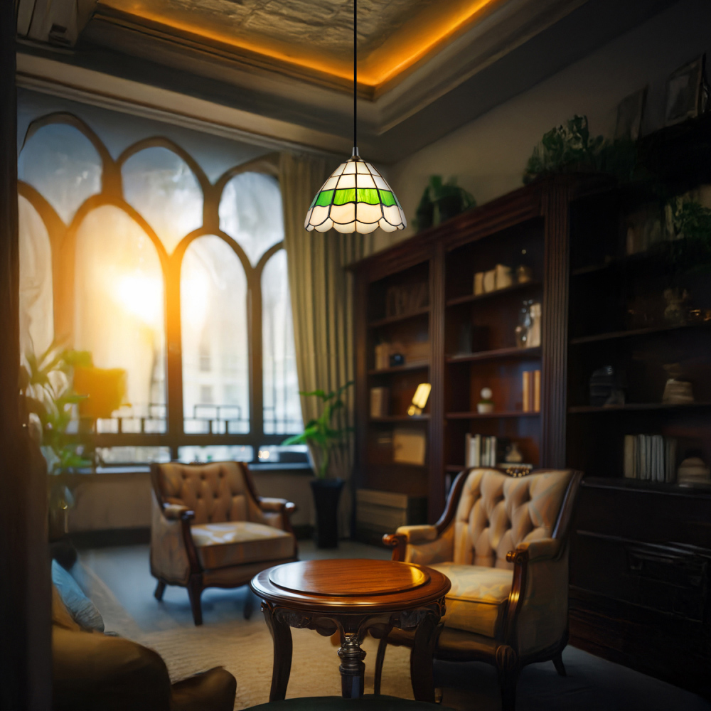 Happy Homewares Green and Amber Stained Glass Tiffany Pendant Lighting Shade Image 2