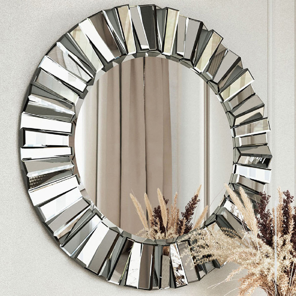 CARME Home Knightsbridge Grey and Silver 3D Round Wall Mirror Image 2