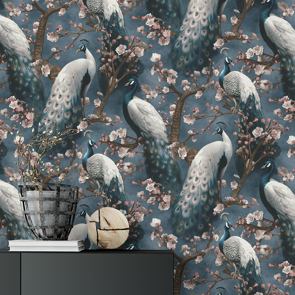 Erismann Opulent Peacock Floral Navy Wallpaper Image 4