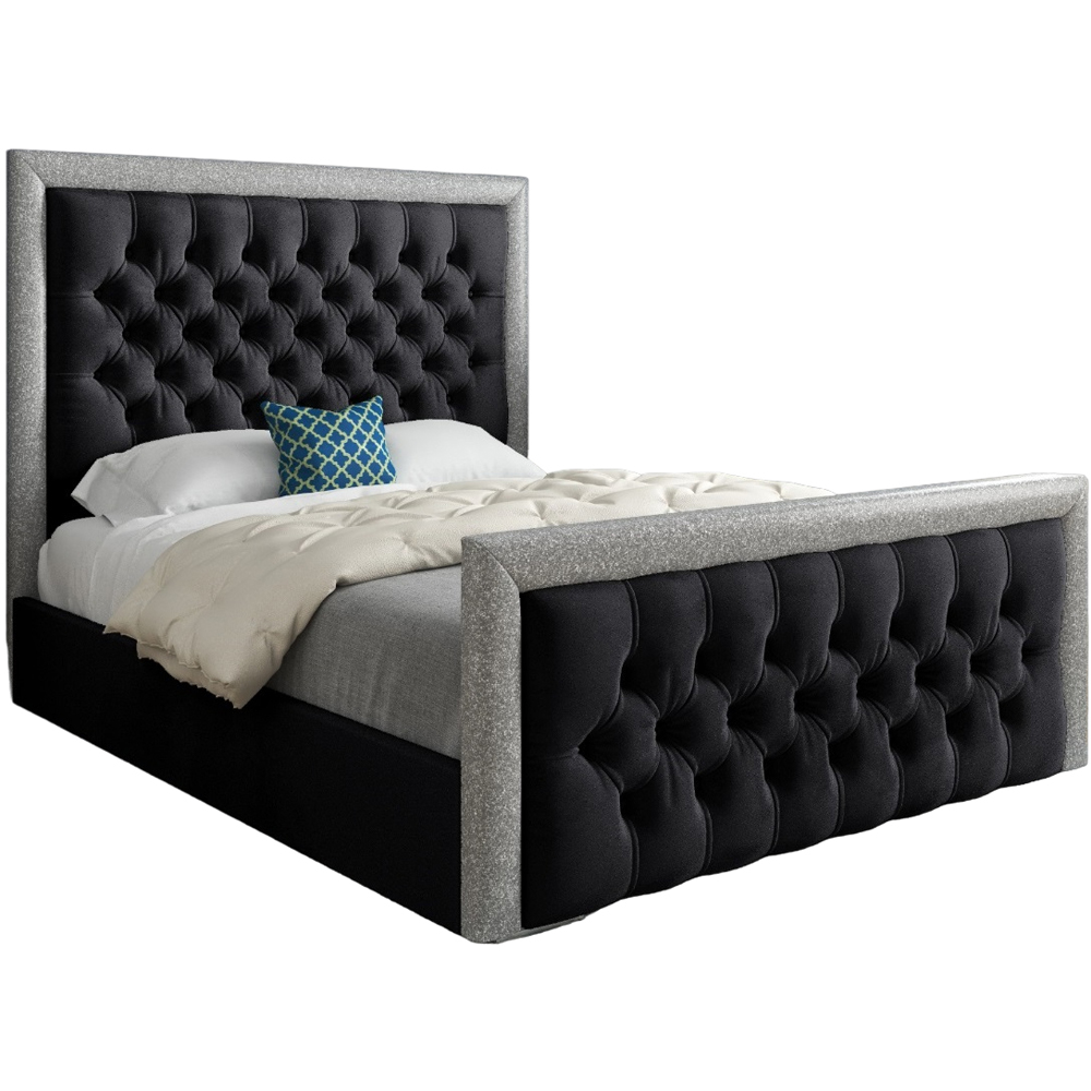 Venice Small Single Black Soft Velvet Upholstered Bed Frame with Glitter Border Headboard Image 2