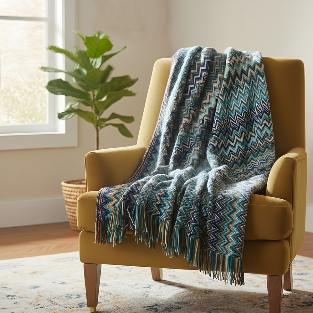 Living and Home Bohemian Blue Wave Sofa Throw Blanket with Tassels 170 x 127cm Image 7