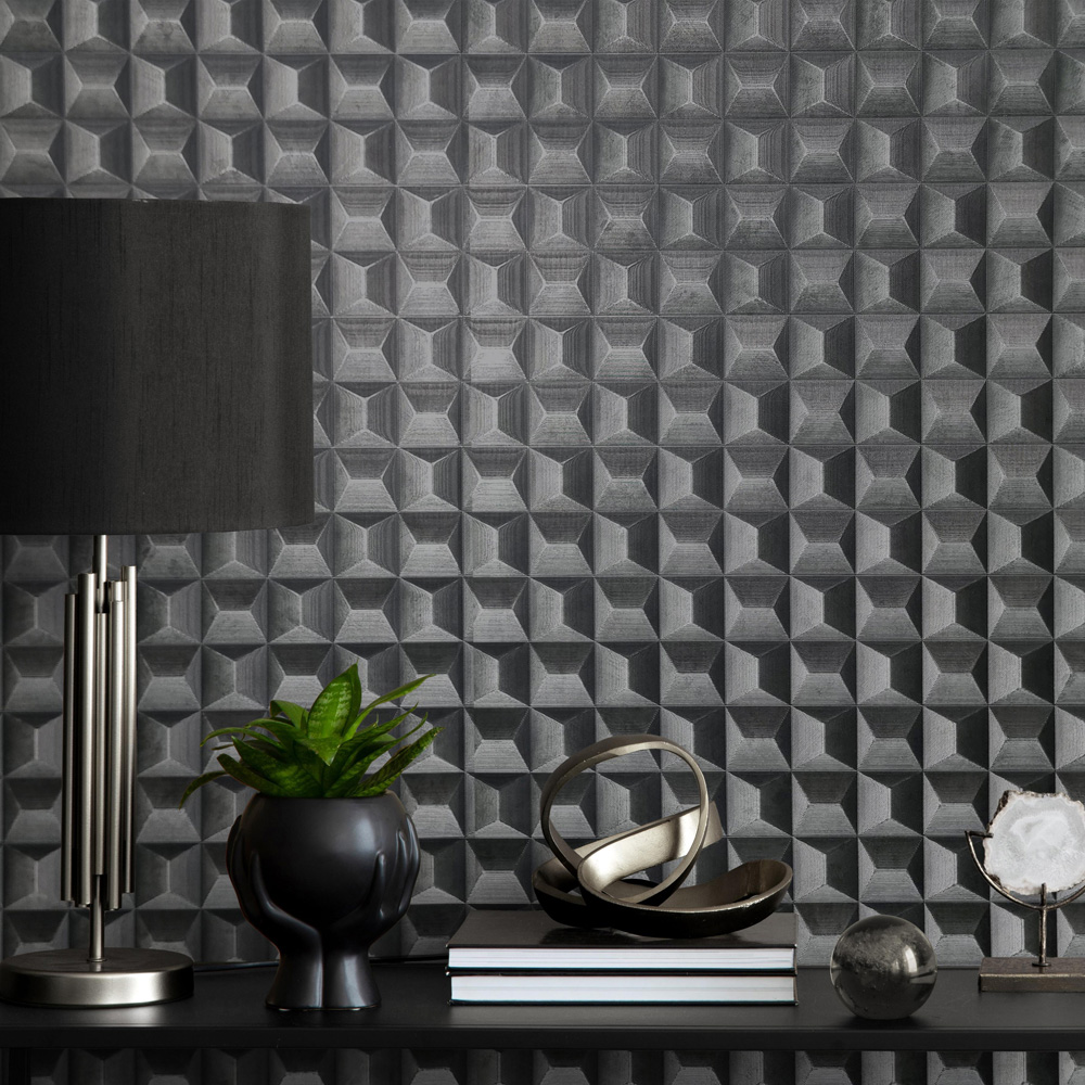 Vymura Romero 3D Square Effect Geo Black Vinyl Wallpaper Image 4