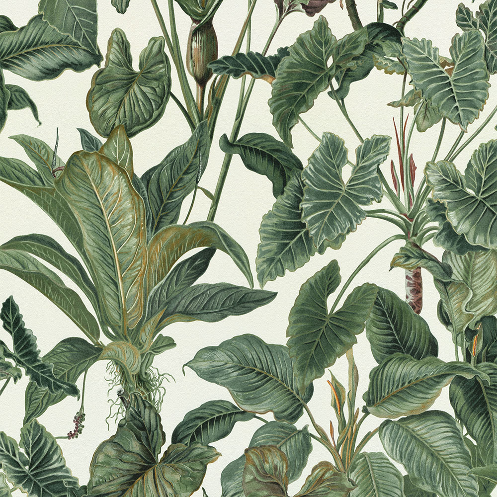 Erismann Paradiso Tropical Leaves White and Green Wallpaper Image 1