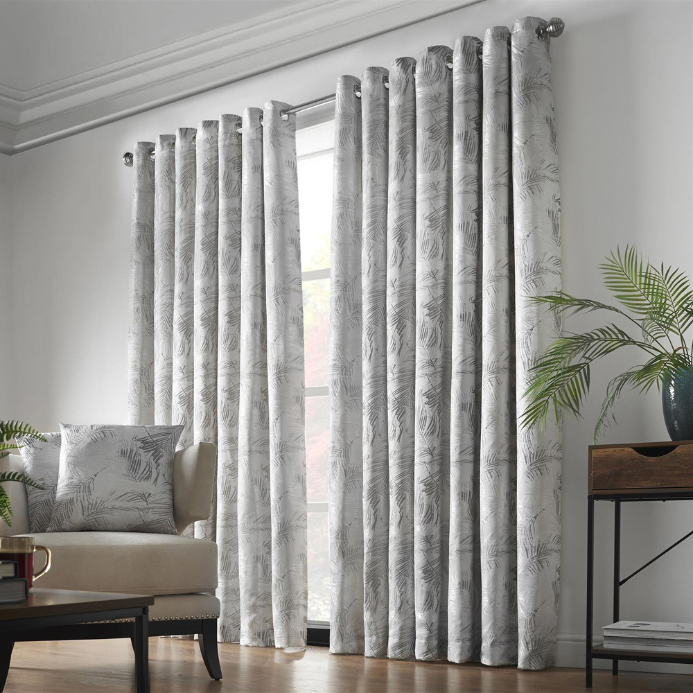 Alan Symonds Dupion Silver Fern Jacquard Ring Top Eyelet Curtains 229 x 183cm Image 2