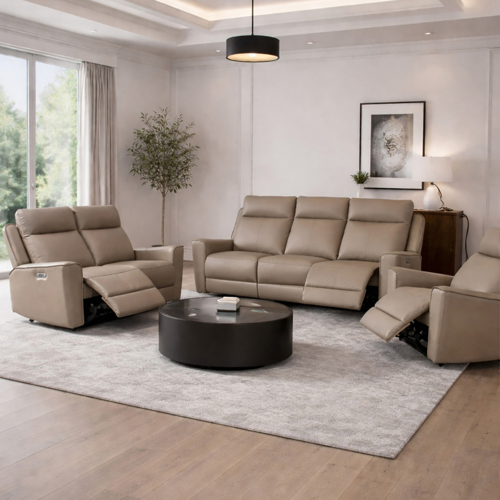 Aspire Elmhurst Mushroom Leather 6 Seater Power Recliner Sofa Suite Image 8