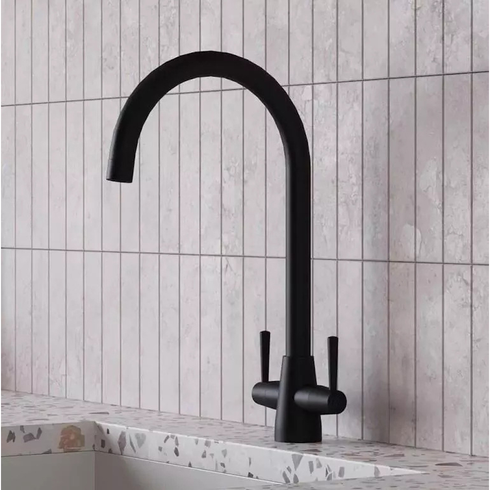 Nes Home Dual Lever Matte Black Kitchen Mixer Tap with Swivel Spout Image 2