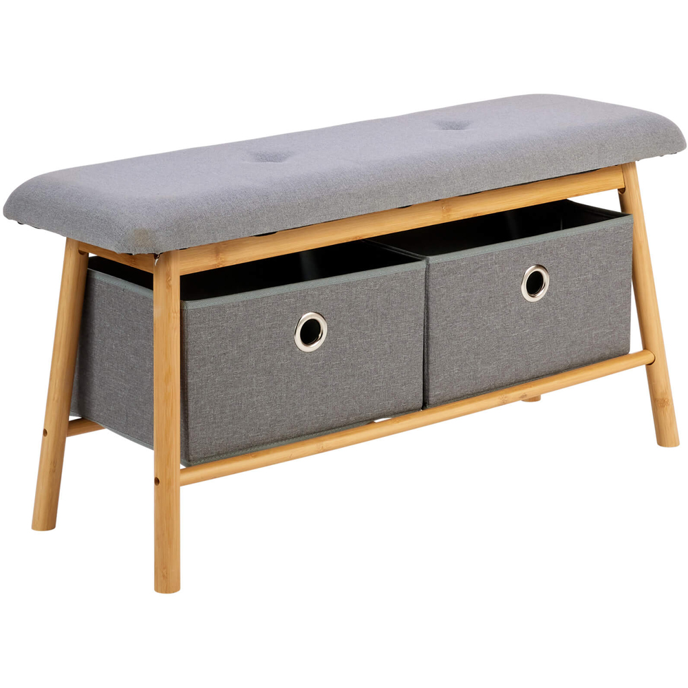 Home Source Jenson 2 Drawer Grey Padded Bamboo Shoe Storage Bench Image 2