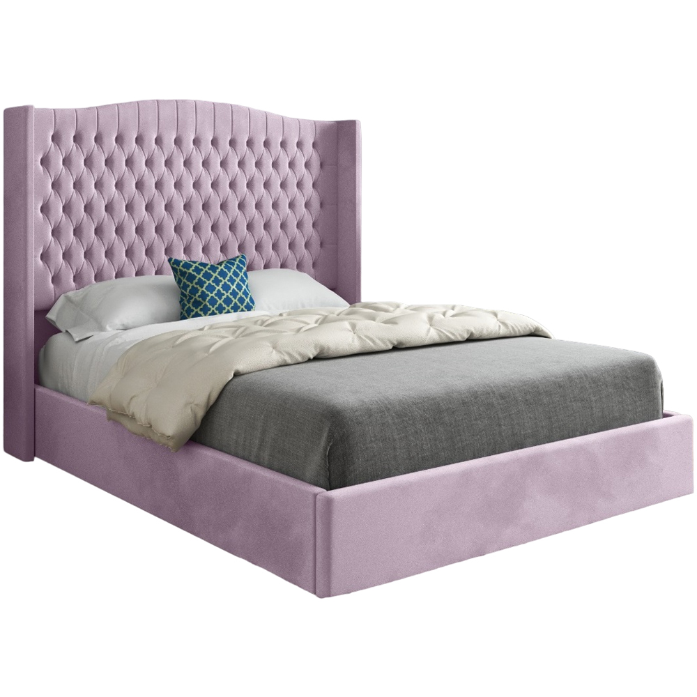 Rana Double Pink Soft Velvet Upholstered Bed Frame with Curved Top Winged Headboard Image 2