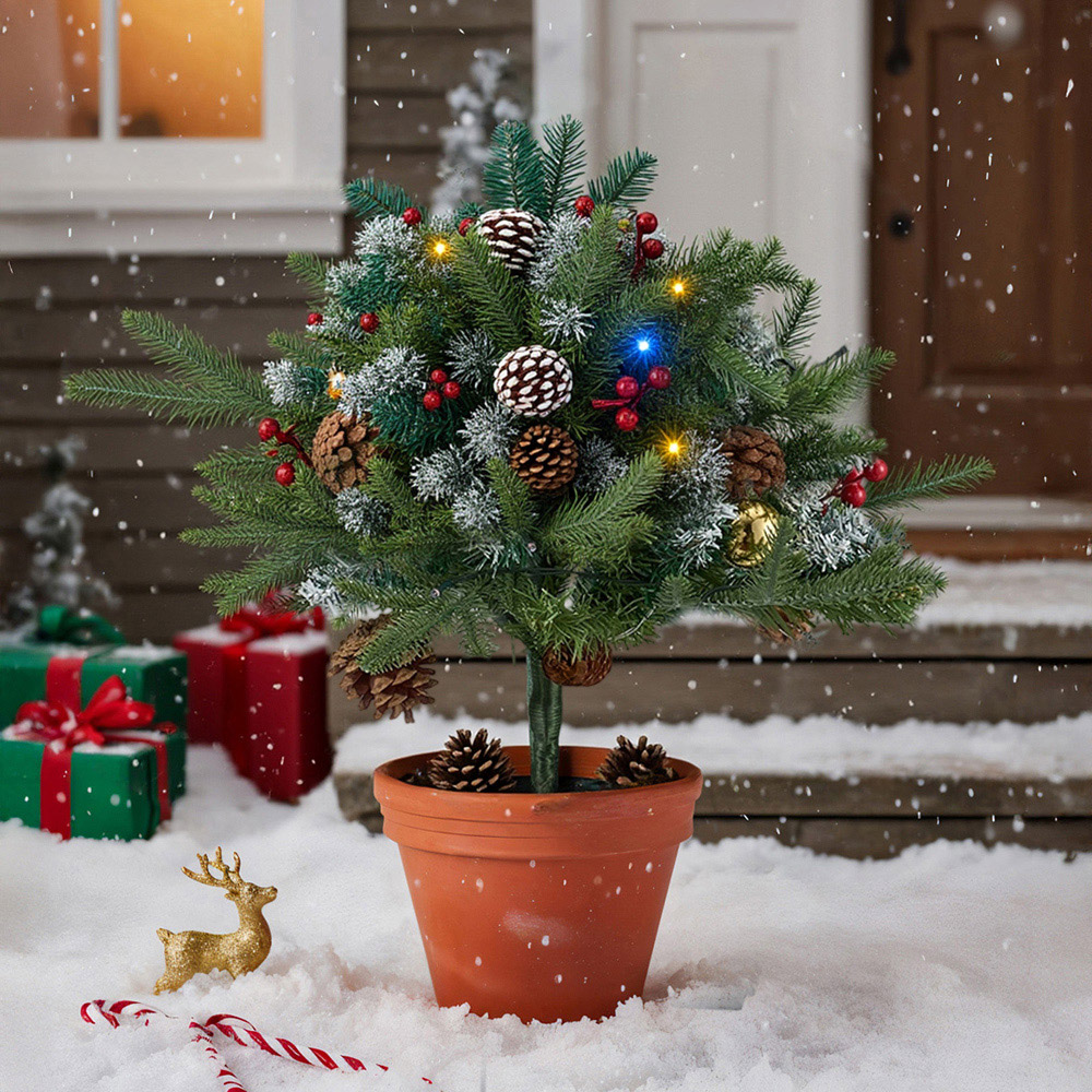 Living and Home Pre-Lit Christmas Planter Bush with Pinecones and Red Berries 58cm Image 2