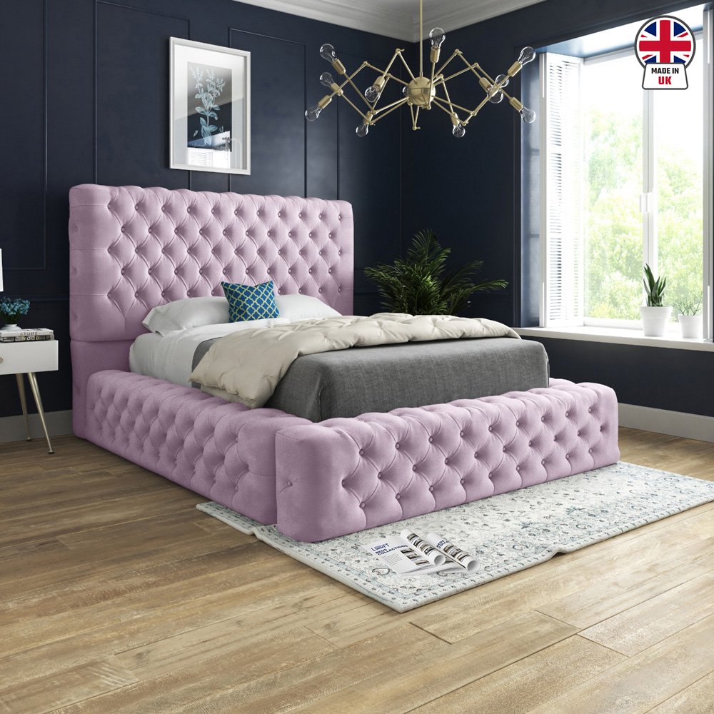 Grand Milan Pink Double Upholstered Bed Frame with Pleated Chesterfield Headboard Image 6