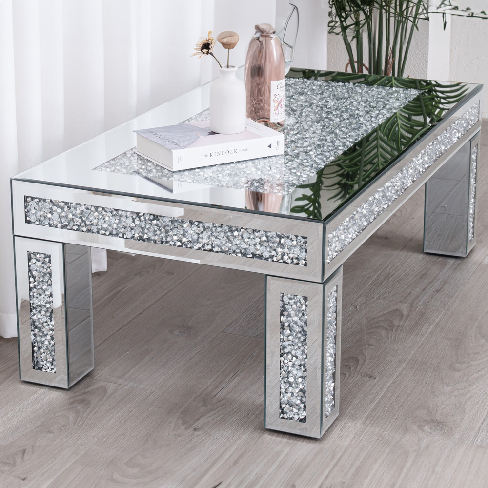 Comfy Living Rectangular Diamond Mirrored Crystal Coffee Table Image 5