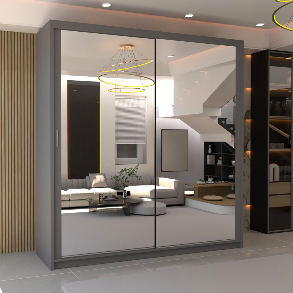 M N Furniture Modern Gala 2 Door Grey Mirrored Sliding Wardrobe 203cm Image 1