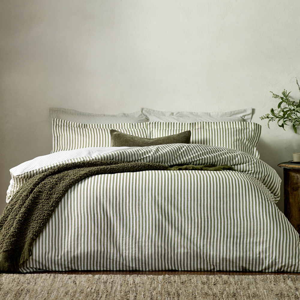 Yard Hebden King Size Melange Stripe Cotton Olive Duvet Set Image 1