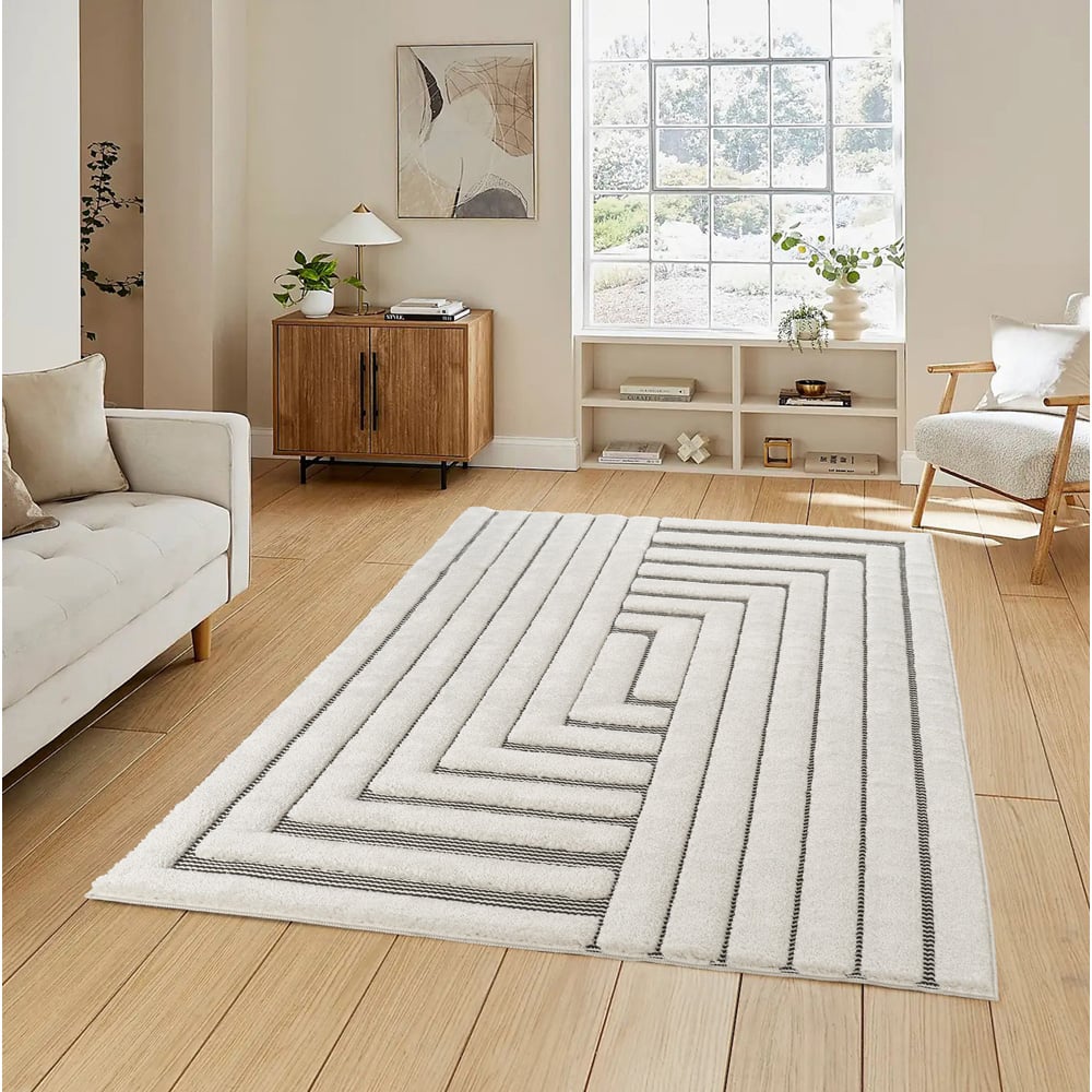 Freya Living Room Area Rug Contemporary 3D Embossed Modern Merge Line Design - Cream 200cm x 290cm Image 2