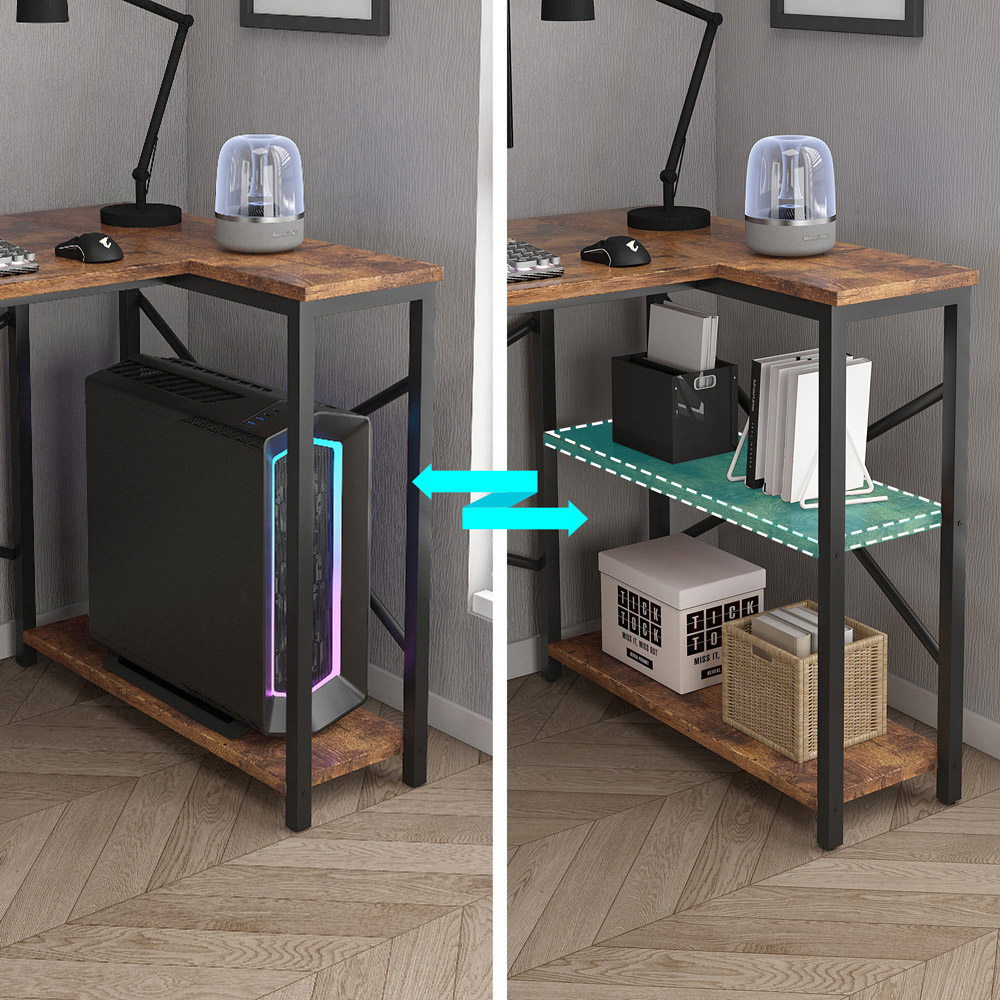 Lotus 2 Adjustable Shelve L Shaped Corner Computer Desk Distressed Black Image 4