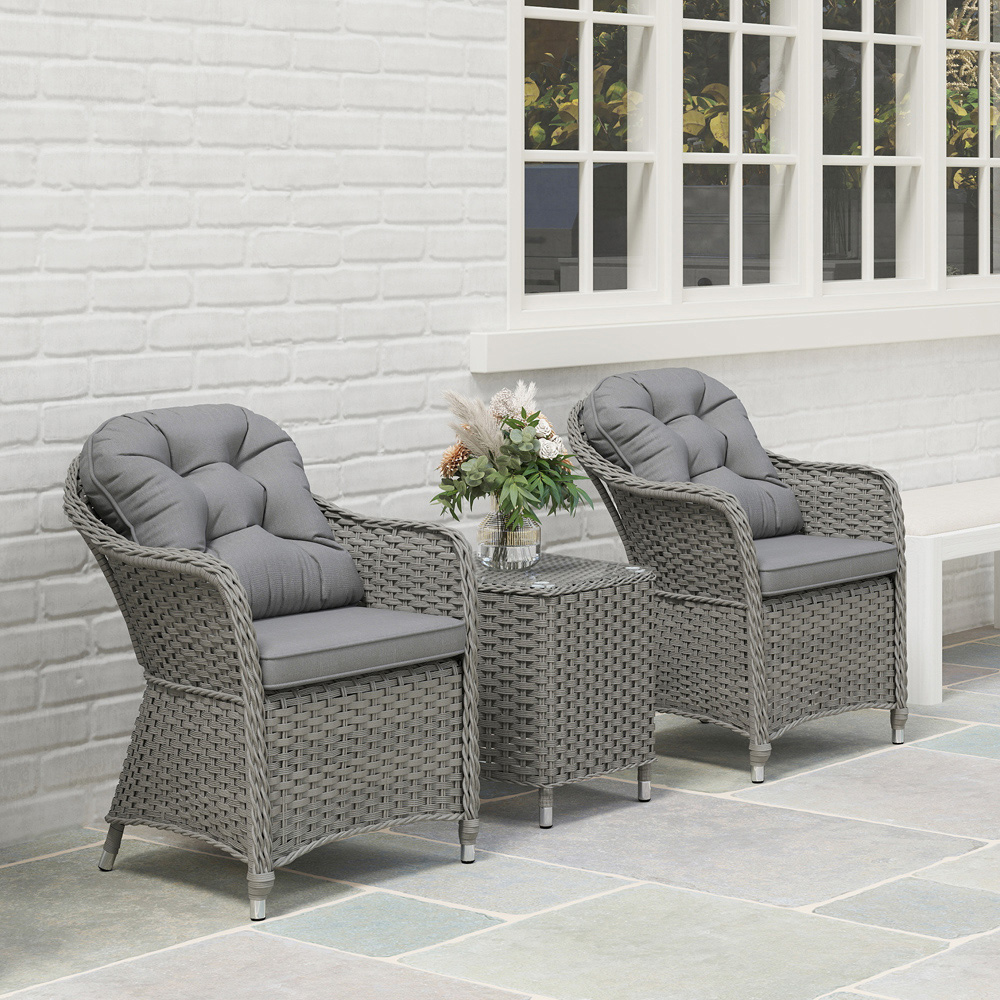 Outsunny 2 Seater Grey Rattan Bistro Set with Soft Cushions Image 4