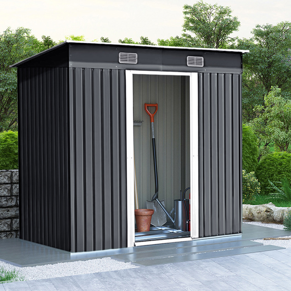 Living and Home 4 x 8ft Black Outdoor Flat Roof Double Sliding Door Metal Shed Image 2