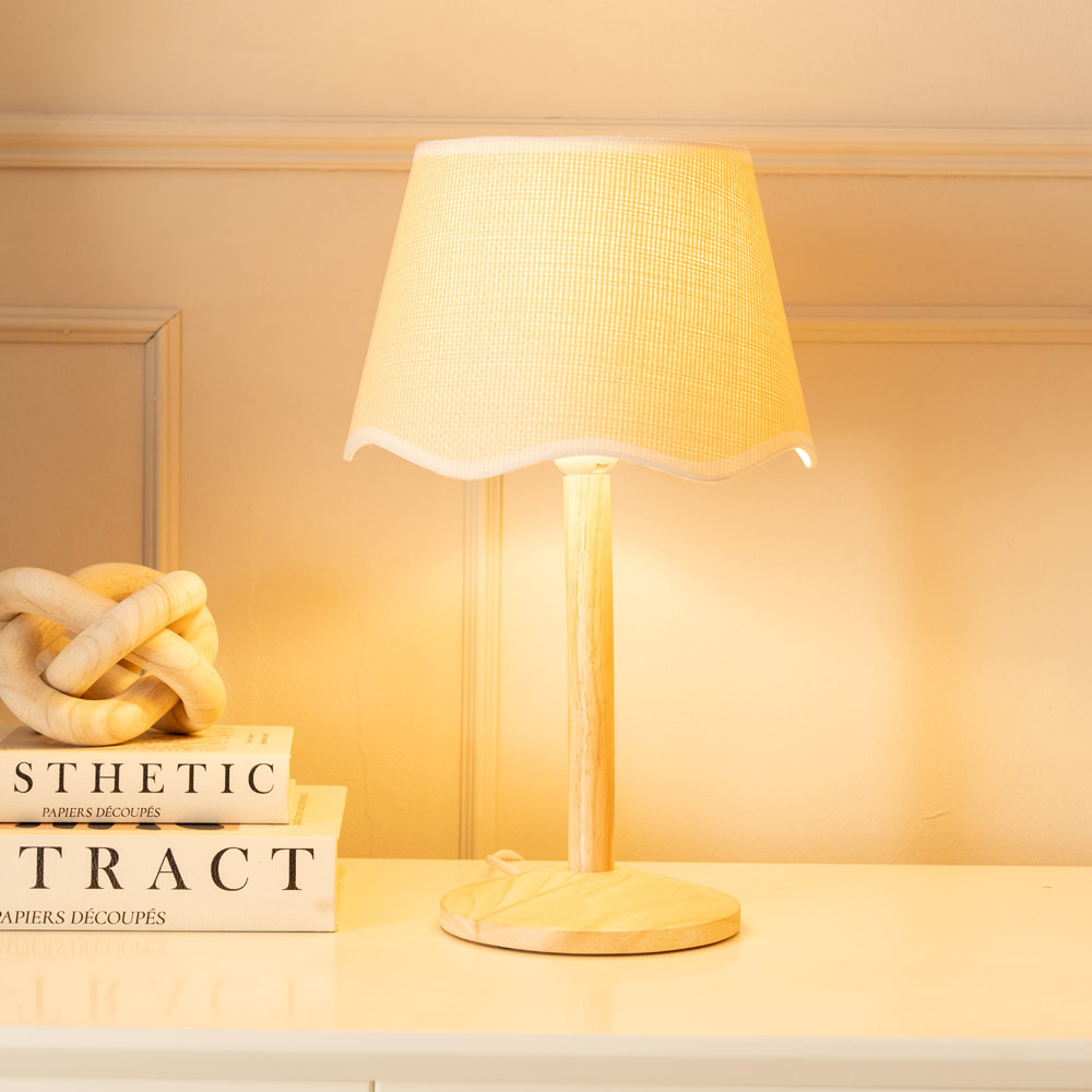 ValueLights Triston Scallop White Edge Shade Natural Light Wood Stem LED Table Lamp Image 2