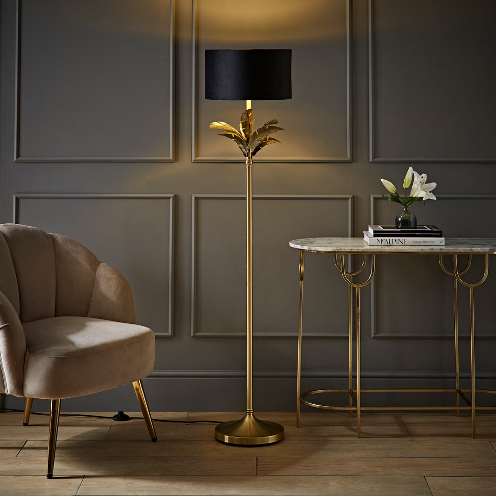 ValueLights Christina Black Velvet and Gold Palm Leaf Floor Lamp with Bulb Image 2