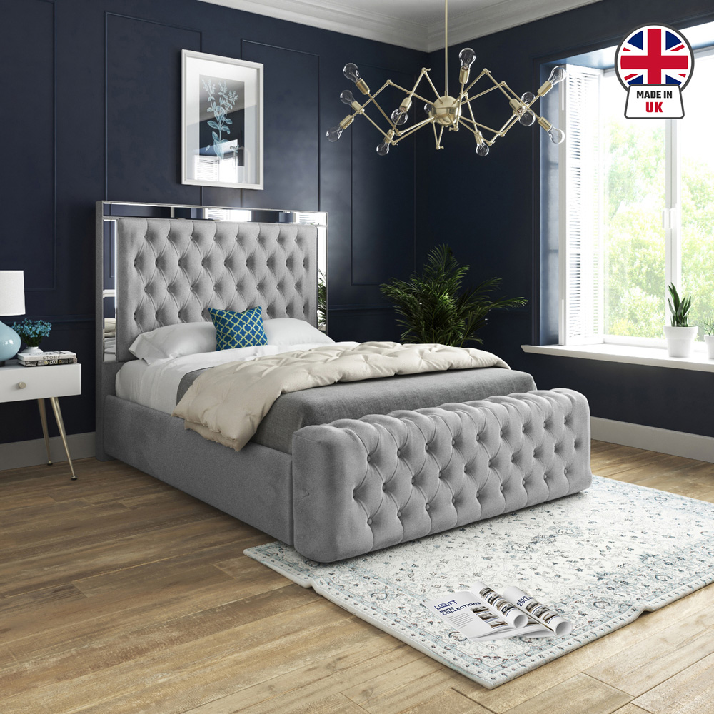 Marino Grey Double Velvet Upholstered Bed Frame with Mirrored Headboard Image 6