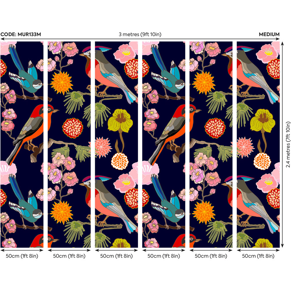 Origin Murals Floral Birds Blue Wall Mural Image 3
