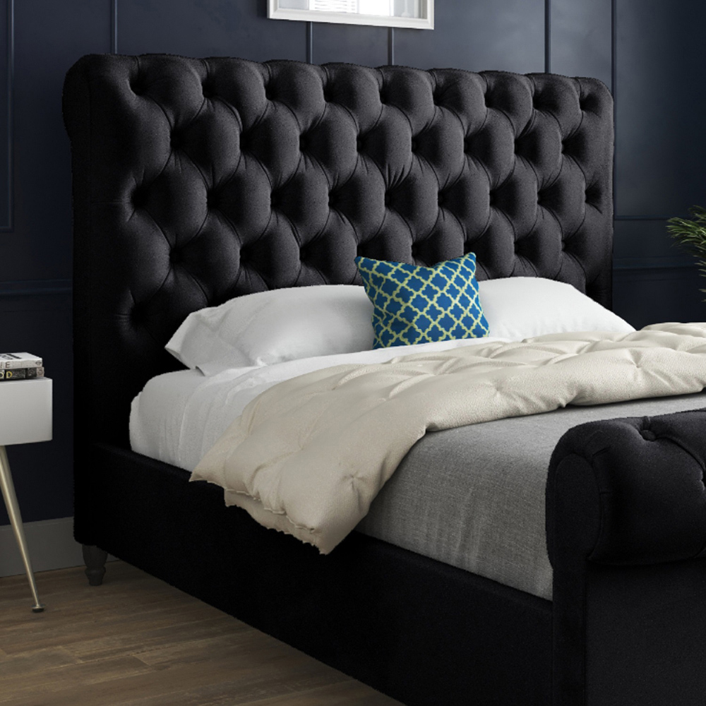 Sienna King Size Black Soft Velvet Upholstered Sleigh Bed Frame with Scrolled Headboard Image 3