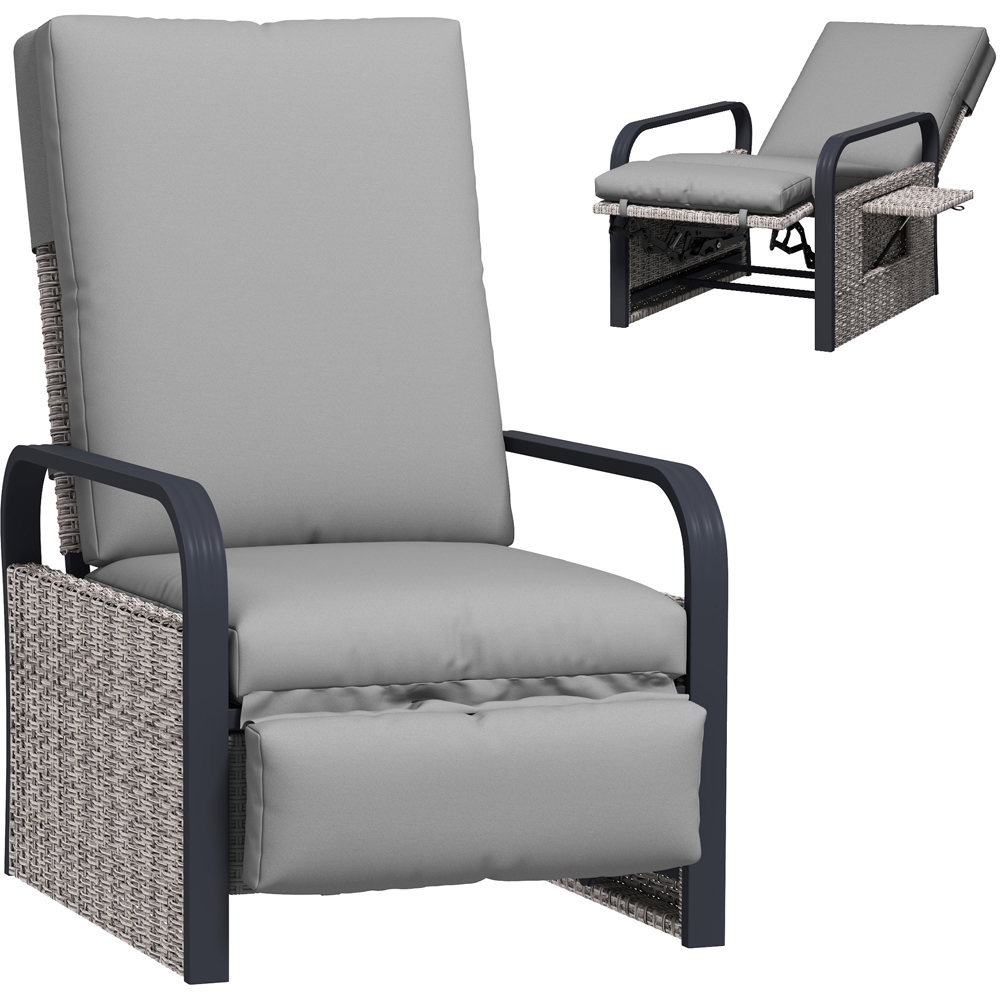 Outsunny Grey Rattan Garden Recliner Chair Sun Lounger with Side Tray Image 2