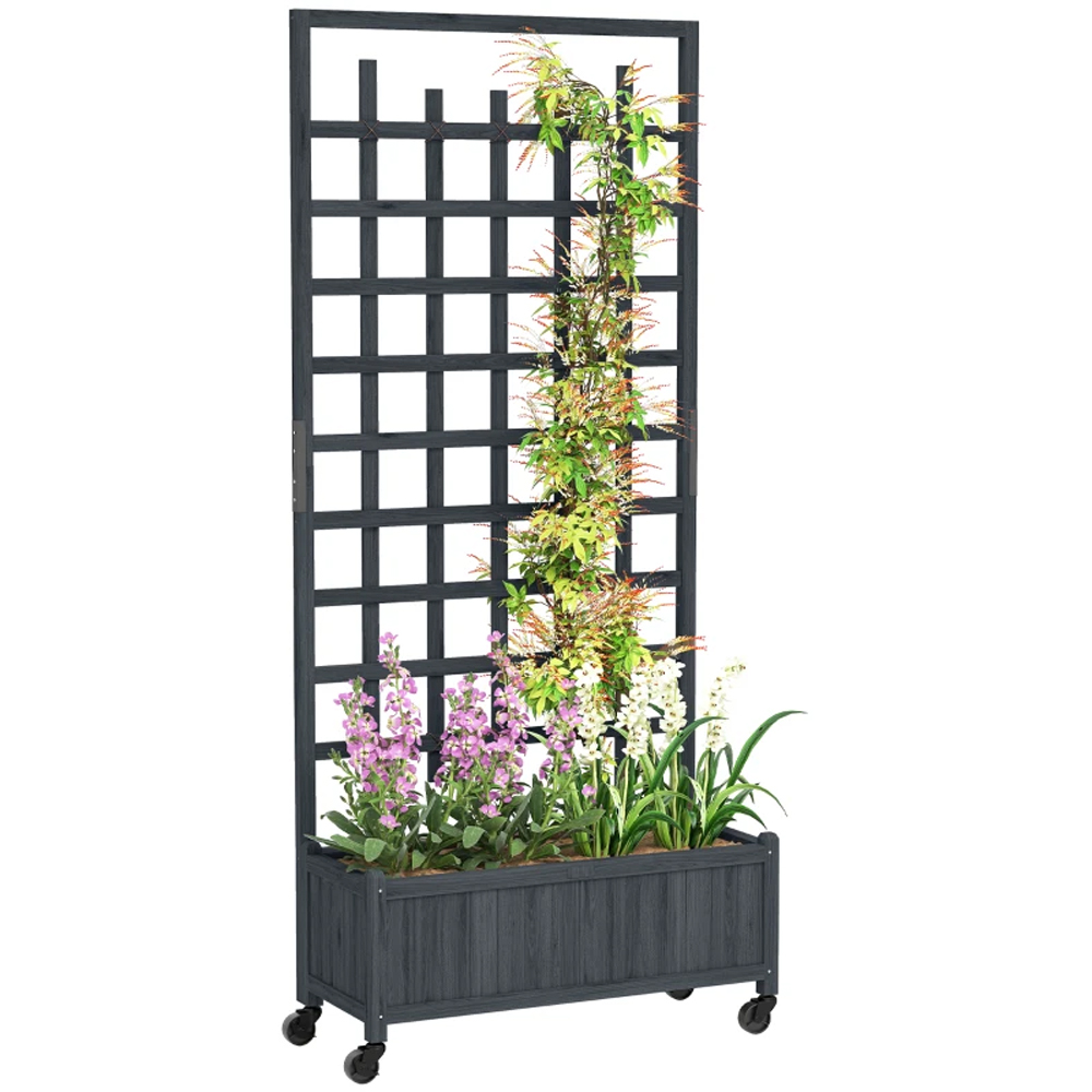 Outsunny Grey Wooden Raised Garden Bed Planter with Trellis and Wheels Image 3