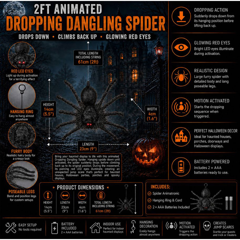 Samuel Alexander Ash Dropping Dangling Animatronic Spider Halloween Decoration 2ft 3 Pack Image 9