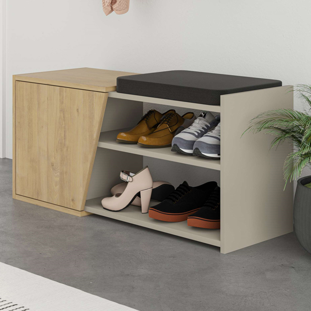Decortie Fiona Sandstone and Oak Entryway Shoe Bench Storage Image 1