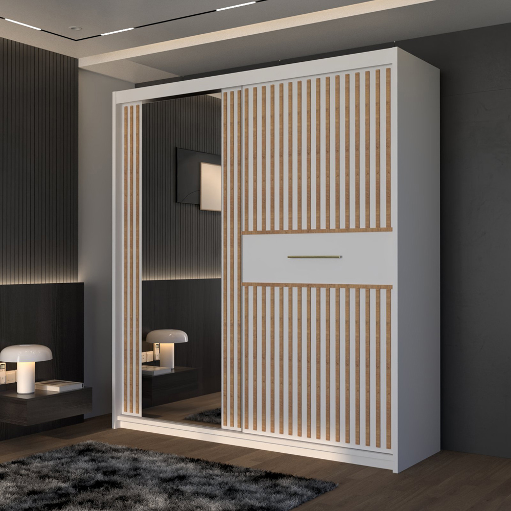 M N Furniture Laiyal 2 Door White Mirrored Sliding Wardrobe with Oak Strip 203cm Image 5