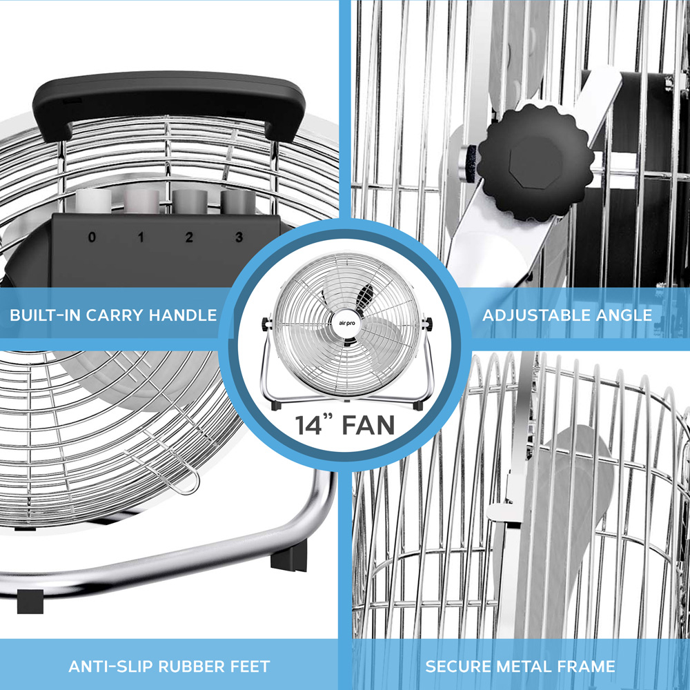 Air Pro Silver Chrome 3 Speed Powerful Air Cooling and Circulating Floor Fan 14 inch Image 3