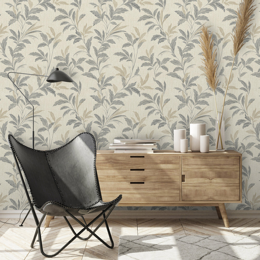 Grandeco Organic Leaf Trail Linen Textured Grey and Beige Wallpaper Image 2