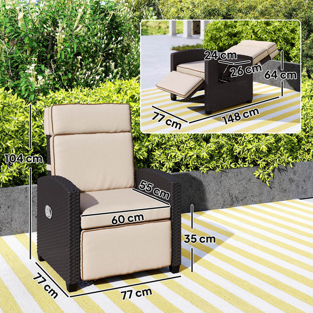 Outsunny Dark Brown and Khaki Rattan Garden Recliner Sun Lounger with Flip Table Image 9