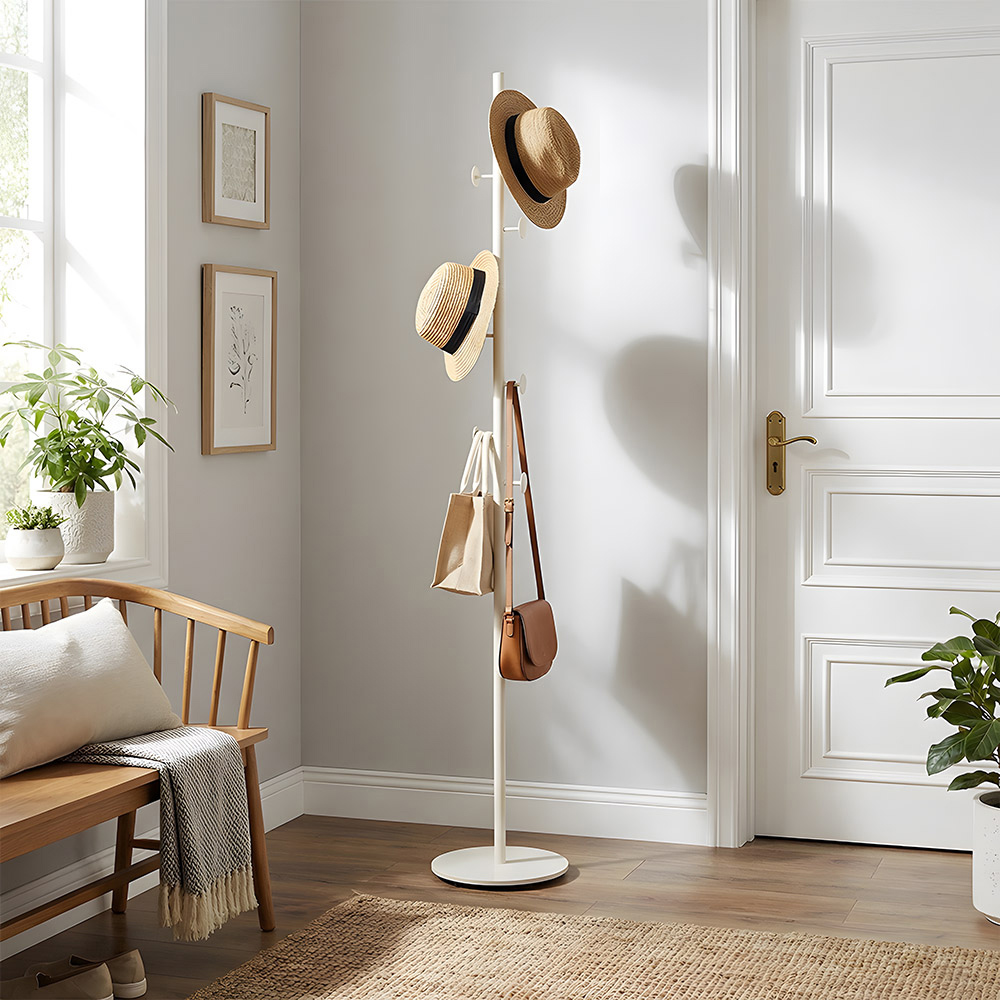 Living and Home White Minimalist Coat Stand with 8 Hooks and Marble Base Image 2