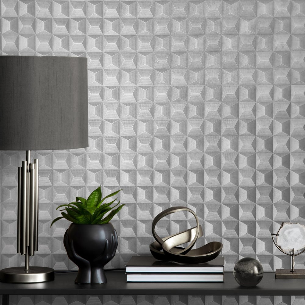 Vymura Romero 3D Square Effect Geo Grey Vinyl Wallpaper Image 4